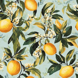 Carta da parati botanica blu limone / Stacca e attacca, rimovibile, preincollata / Decorazione fattoria / Carta da parati divertente Cottagecore / Stile dipinto a mano
