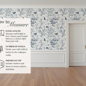May include: A room with blue and white patterned wallpaper featuring a forest scene with cats. The image includes a white door and trim, and a sign with instructions on how to measure for wallpaper installation. The text on the sign includes "How to Measure".