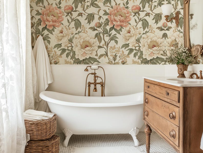 Pink Peony Floral Wallpaper | Vintage Victorian Botanical, Light ...