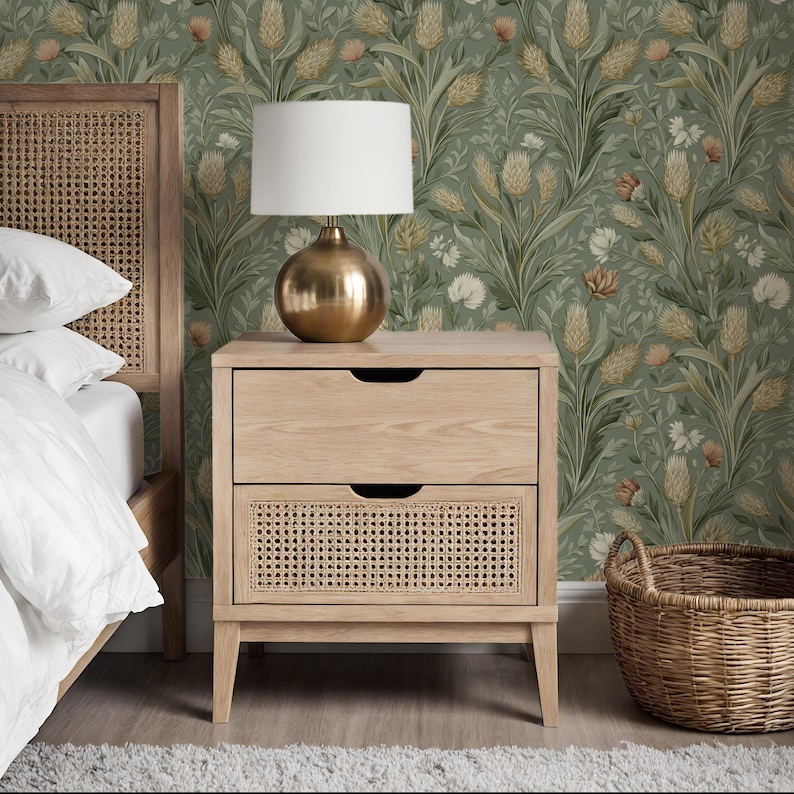 Green Botanical Farmhouse Wallpaper, William Morris Inspired, Cottagecore Decor | Paste the Wall, Prepasted, Removable Peel and Stick, Vinyl image 2