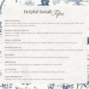 May include: A cream-colored paper with blue floral and dog illustrations, featuring "Helpful Install Tips" for wallpaper application. The text provides instructions on wall preparation, measuring, cutting, and smoothing for a successful installation.