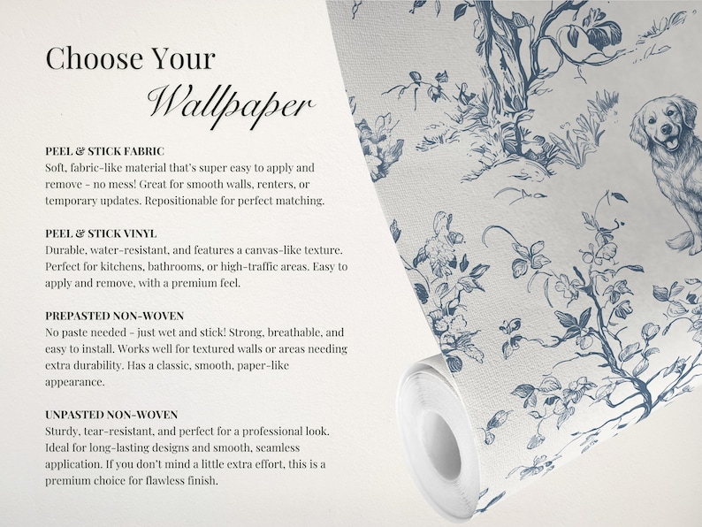 Dog Wallpaper, Whimsical Toile de Jouy Golden Retriever, Vintage Style Botanical, Peel & Stick, Removable, Pre-Pasted, Vinyl, Custom Color image 7