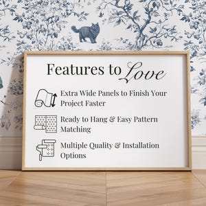 May include: A framed sign with the text "Features to Love" and bullet points about wallpaper installation. The background features a blue and white floral wallpaper design with cat illustrations.