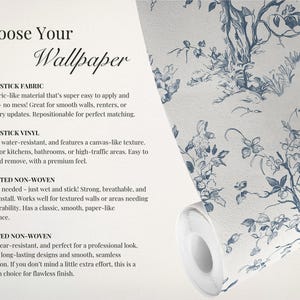 May include: A roll of wallpaper with a blue and white toile pattern featuring a dog and floral elements. The image also includes text that says "Choose Your Wallpaper" and describes different wallpaper types.