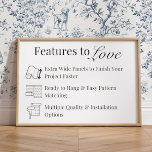 May include: A framed sign with the text "Features to Love" and bullet points about wallpaper installation. The background features a blue and white floral wallpaper with dog illustrations.