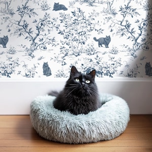 May include: A black cat sits in a fluffy, pale grey pet bed. The cat has green eyes and is looking upwards. The background shows blue and white floral wallpaper with cat illustrations.