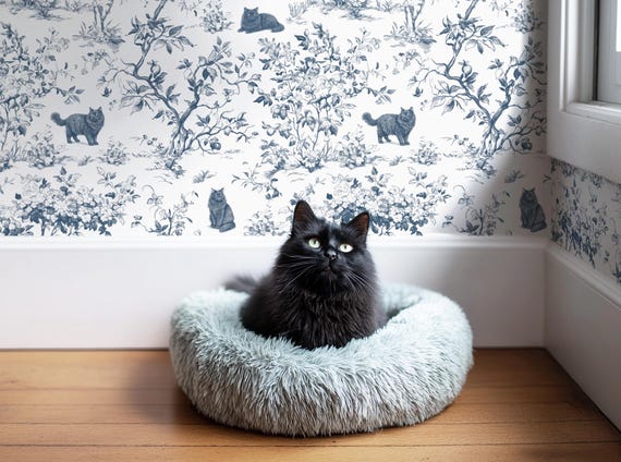 Fluffy Black Cat Wallpaper, Custom Color Toile de Jouy, Whimsical Vintage Botanical Decor, Peel & Stick, Removable, Pre-Pasted, Vinyl
