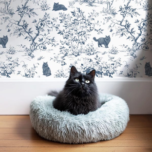Papel pintado de gato negro esponjoso, Toile de Jouy de color personalizado, decoración botánica vintage caprichosa, autoadhesivo, extraíble, preencolado, vinilo