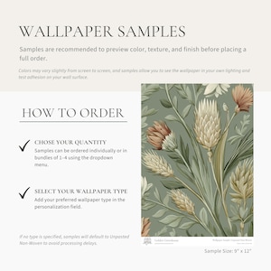 May include: A wallpaper sample featuring a floral pattern in green, beige, and brown. The sample size is 23 cm x 30 cm. The image includes text that reads "Wallpaper Samples" and "How to Order".
