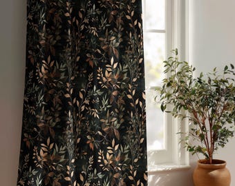 Dark Academia Woodland Vorhang durchsichtig oder verdunkelnd, schwarze botanische Fensterbordüre mit hexenhaftem Waldblattdruck, Schlafzimmer- und Wohnzimmerdekor