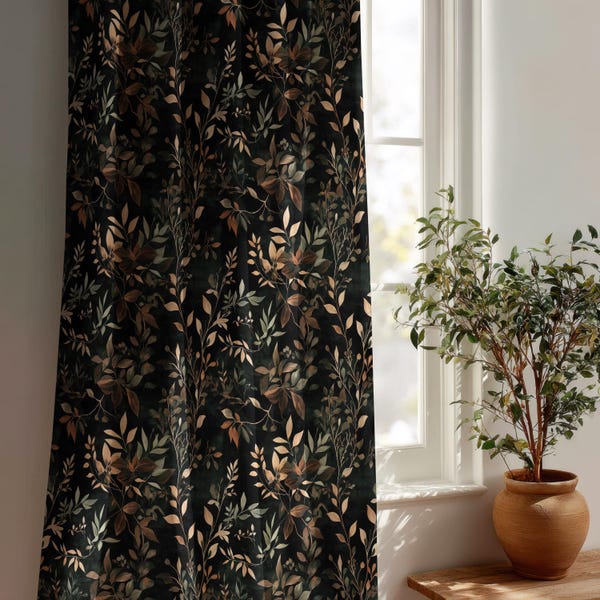 Dark Academia Woodland Curtain Sheer Or Blackout, Black Botanical Window Panel With Witchy Forest Leaf Print, Bedroom & Living Room Decor