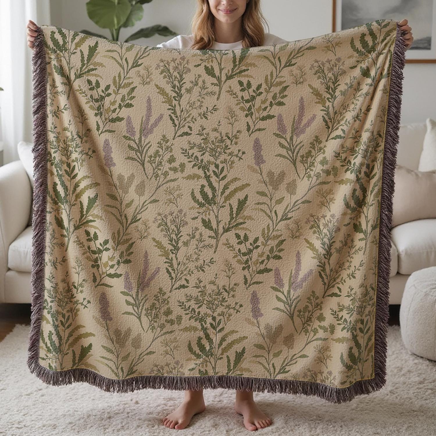 Botanical Cottagecore Throw Blanket | Vintage Botany Culinary Herbs ...