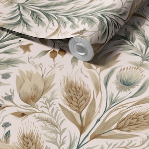 Puede incluir: Rollo de papel pintado con un diseño botánico. El diseño presenta flores, hojas y cabezas de semillas estilizadas en tonos beige, verde y marrón. El papel pintado tiene una estética vintage y artística.