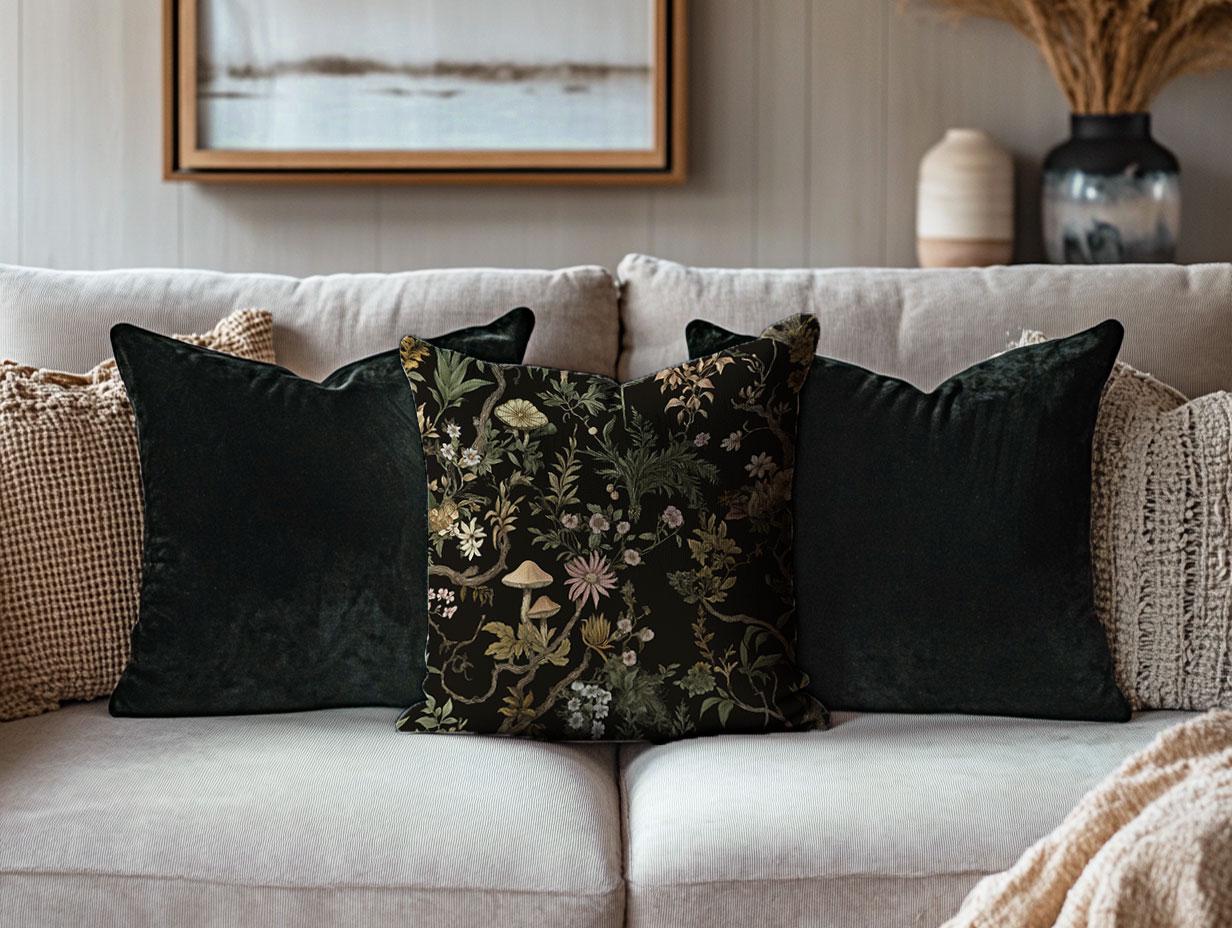 Chinoiserie Mushroom Throw Pillow | Woodland Whimsy Cottagecore, Dark ...