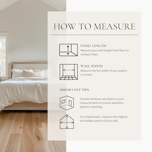 May include: An instructional graphic titled HOW TO MEASURE with black line icons and text. It provides guidance on measuring wall height in feet and wall width in inches, including tips for windows, doors, and sloped walls for pattern matching.