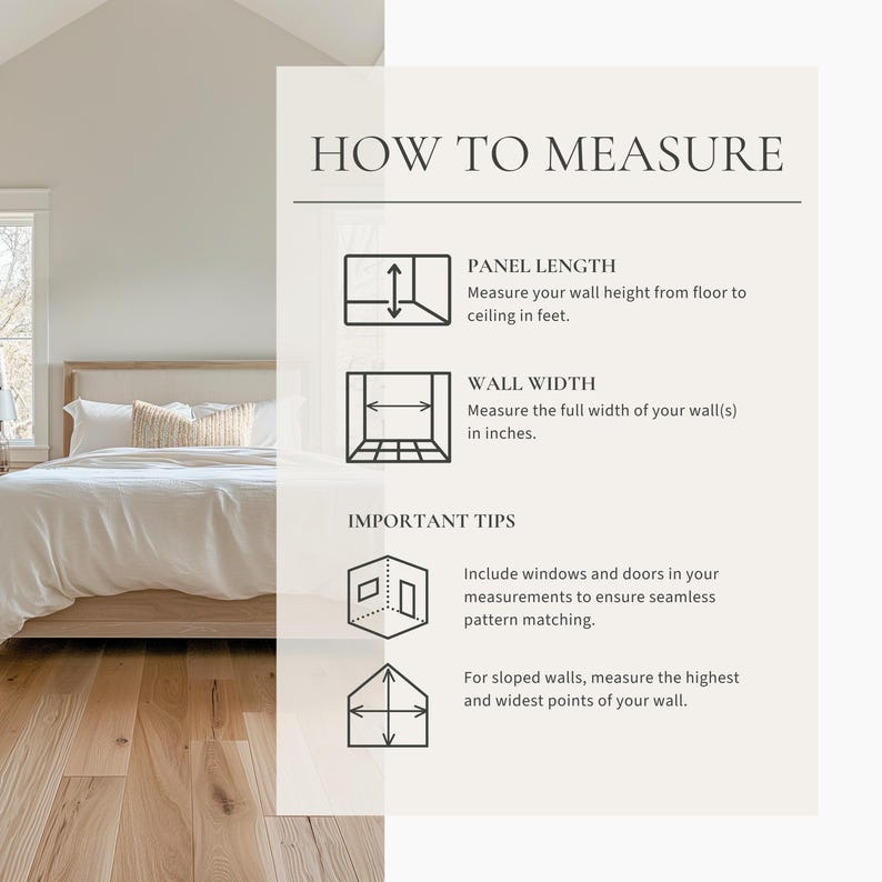 May include: An instructional graphic titled HOW TO MEASURE with black line icons and text. It provides guidance on measuring wall height in feet and wall width in inches, including tips for windows, doors, and sloped walls for pattern matching.