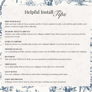 May include: A cream-colored background with blue floral and dog illustrations, featuring "Helpful Install Tips" text. Instructions include prepping walls, measuring, cutting, starting at corners, smoothing, being patient, trimming, and letting the wallpaper settle.