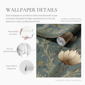 May include: Wallpaper featuring a botanical pattern with large cream-colored flowers and intricate foliage on a muted blue-green background. The product is presented as a roll with pre-cut panels, a panel width of 24 inches, and alignment guides.