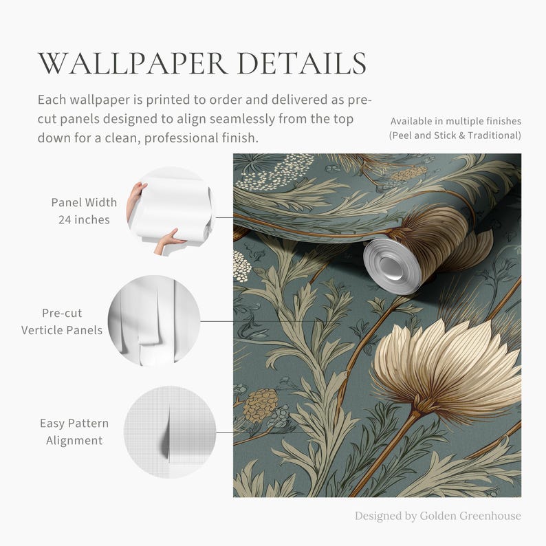 May include: Wallpaper featuring a botanical pattern with large cream-colored flowers and intricate foliage on a muted blue-green background. The product is presented as a roll with pre-cut panels, a panel width of 24 inches, and alignment guides.