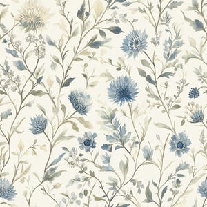 Carta da parati floreale Blue Thistle / Vintage Watercolor Botanical, Light Academia Cottagecore Decor / Stacca e attacca, rimovibile, preincollato, vinile