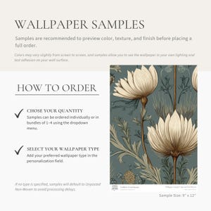 May include: A rectangular wallpaper sample measuring 9 inches by 12 inches featuring a botanical pattern with large cream-colored flowers and green foliage on a muted teal background. The text reads WALLPAPER SAMPLES, HOW TO ORDER, and Golden Greenhouse.