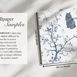May include: Wallpaper sample with a blue and white floral pattern and a cat illustration. The sample measures 22.86cm by 30.48cm. Text on the sample reads "Wallpaper Samples" and "IMPORTANT! Colors may look slightly different..."