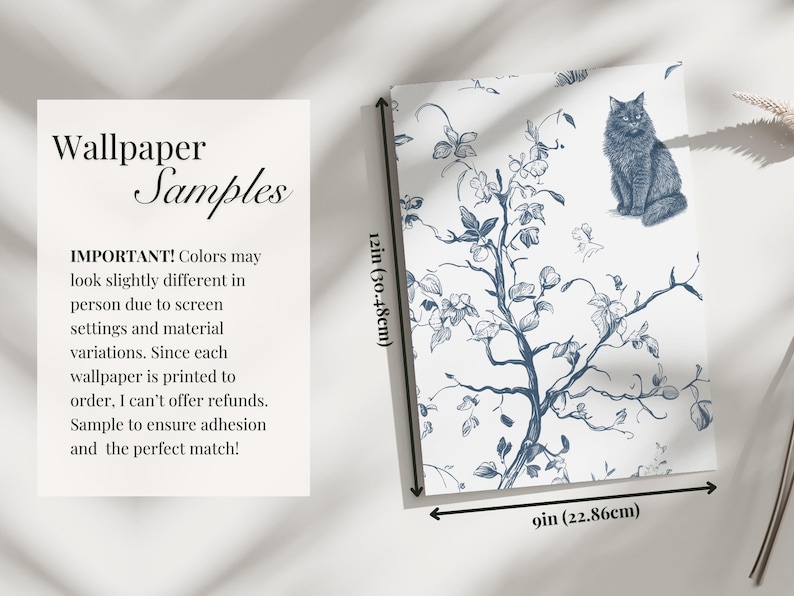 May include: Wallpaper sample with a blue and white floral pattern and a cat illustration. The sample measures 22.86cm by 30.48cm. Text on the sample reads "Wallpaper Samples" and "IMPORTANT! Colors may look slightly different..."