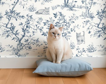 Cat Wallpaper, Custom Color, American Shorthair Toile de Jouy, Whimsical Vintage Botanical Decor, Peel & Stick, Removable, Pre-Pasted, Vinyl