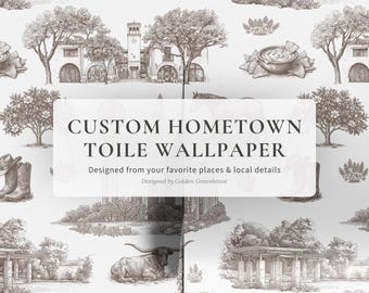 Custom Hometown Toile Wallpaper, Unique Whimsical Farmhouse Wallpaper, Personalized Home Decor, Peel & Stick, Removable, Pre-Pasted, Vinyl