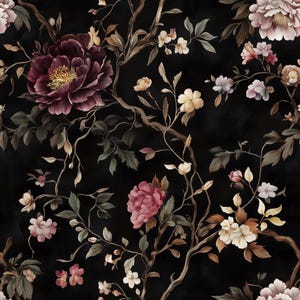Stimmungsvolle Blumentapete | Schälen und aufkleben, entfernbar, vorgeklebt | Dark Academia, Gothic Chinoiserie, Maximalist Dekor, Cottagecore Botanical
