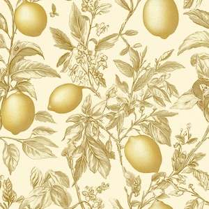 Carta da parati Golden Botanical Lemon / Decorazione Vintage Toile Farmhouse Cottagecore / Stacca e attacca, rimovibile, preincollata
