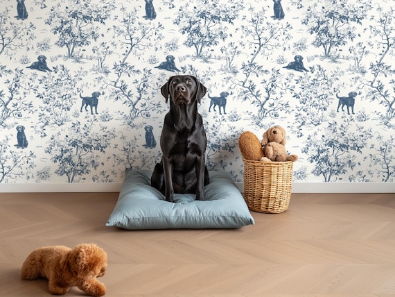 Custom Color Dog Wallpaper, Black Labrador Toile de Jouy, Whimsical Vintage Botanical Decor, Peel & Stick, Removable, Pre-Pasted, Vinyl