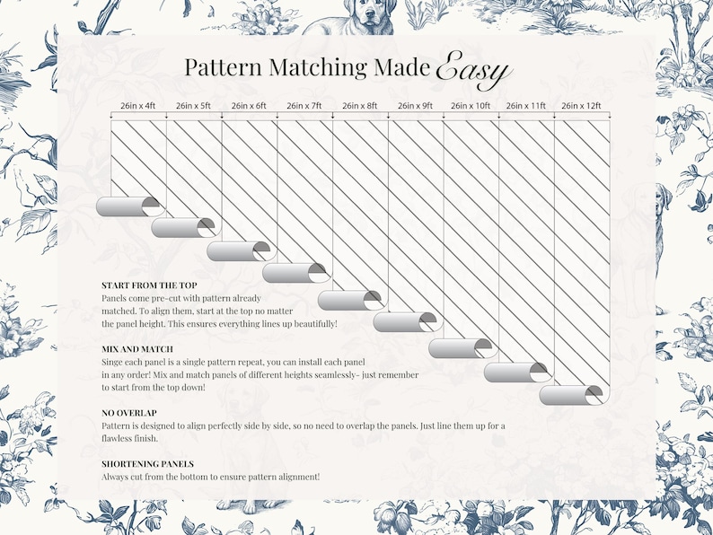 May include: Diagram illustrating pattern matching with text "Pattern Matching Made Easy." It shows how to align panels of different heights, with measurements in feet and inches. Instructions include starting from the top, mixing and matching, and avoiding overlap.