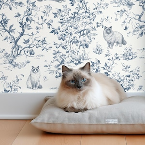 Peut inclure: Un chat de couleur claire aux yeux bleus est allongé sur un coussin gris. Le coussin est posé sur un sol en bois. En arrière-plan, un papier peint floral bleu et blanc avec des illustrations de chats.