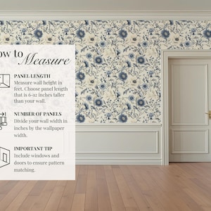 May include: A white wall with a blue and white floral wallpaper pattern. A white door is in the centre of the wall. A white box with black text outlines how to measure for wallpaper. The text includes "Panel Length", "Number of Panels", and "Important Tip".