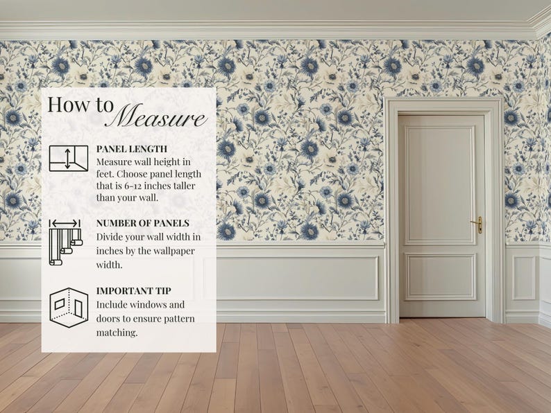 May include: A white wall with a blue and white floral wallpaper pattern. A white door is in the centre of the wall. A white box with black text outlines how to measure for wallpaper. The text includes "Panel Length", "Number of Panels", and "Important Tip".