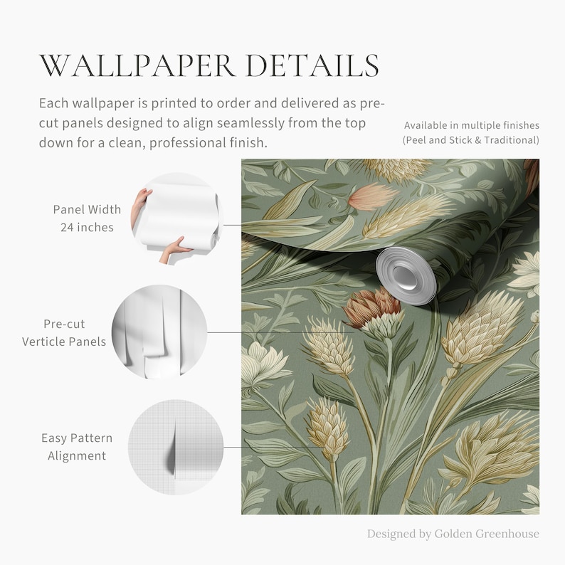 May include: Wallpaper with a floral design in green, beige, and peach tones. The image shows a roll of wallpaper with a panel width of 61 cm. The text highlights pre-cut vertical panels and easy pattern alignment for a professional finish.