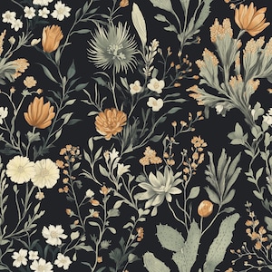 Carta da parati floreale Western Botanical / Stampa floreale di cactus del deserto blu navy / Decorazione Dark Cottagecore / Stacca e attacca, rimovibile, preincollata