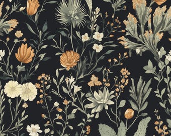 Floral Western Botanical Wallpaper | Navy Blue Desert Cactus Flower Print | Dark Cottagecore Decor | Peel and Stick, Removable, Pre-Pasted