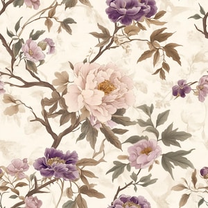 May include: A seamless pattern featuring delicate pink and purple flowers with brown branches and leaves on a cream background.
