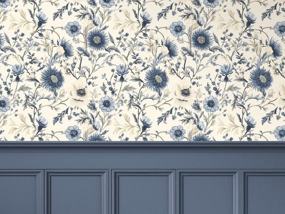 Blue Wild Flower Wallpaper | Botanical Floral Thistle | Light Academia Cottagecore Decor | Removable Peel and Stick, Prepasted, Vinyl