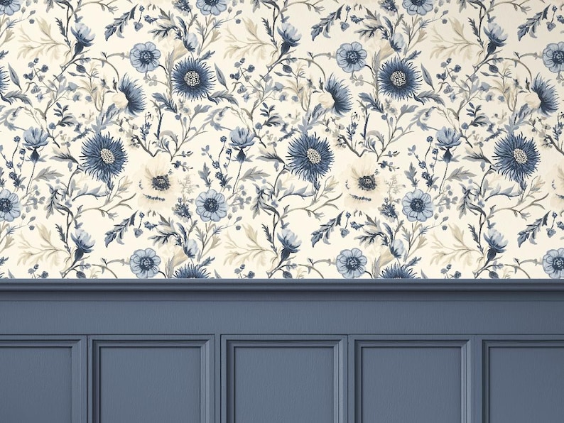 Blue Wild Flower Wallpaper | Botanical Floral Thistle | Light Academia Cottagecore Decor | Removable Peel and Stick, Prepasted, Vinyl image 1