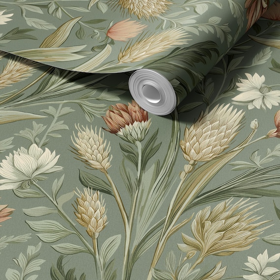 Green Botanical Farmhouse Wallpaper, William Morris Inspired, Cottagecore Decor | Paste the Wall, Prepasted, Removable Peel and Stick, Vinyl