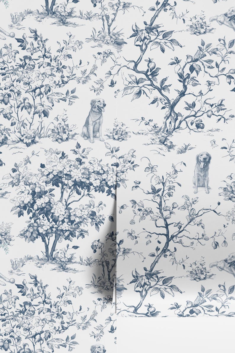 Tapeta z motywem psa na zamówienie, personalizowana na podstawie zdjęcia, fantazyjna tapeta toile de jouy w stylu vintage, samoprzylepna, zdejmowana, z klejem, tkanina, winyl zdjęcie 16