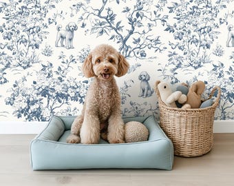 カスタムカラーの犬用壁紙、ミニチュアプードルのトワル・ド・ジュイ、気まぐれなヴィンテージ植物装飾、剥がして貼れる、取り外し可能、あらかじめ糊付け済み、ビニール