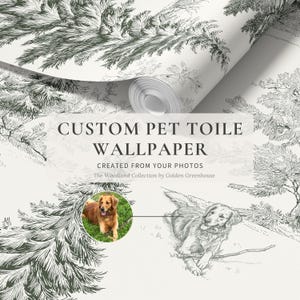 Custom Dog Wallpaper, Woodland Mountain House Dog Toile, Personalized Pet Portrait from Photos, Peel & Stick, Removable, Pre-Pasted, Vinyl