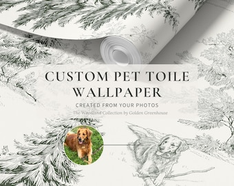 Custom Dog Wallpaper, Woodland Mountain House Dog Toile, Personalized Pet Portrait from Photos, Peel & Stick, Removable, Pre-Pasted, Vinyl