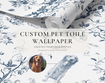 Custom Dog Wallpaper, Personalized from Photo, Whimsical Toile de Jouy Vintage Style, Peel & Stick, Removable, Pre-Pasted, Fabric, Vinyl