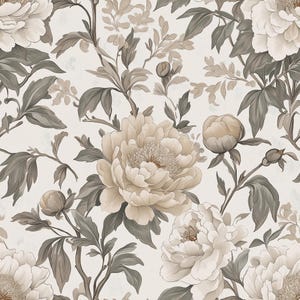 Papier peint floral pivoine neutre | Botanique victorienne vintage | Light Academia, Décoration Cottagecore | Autocollant amovible, vinyle, préencollé