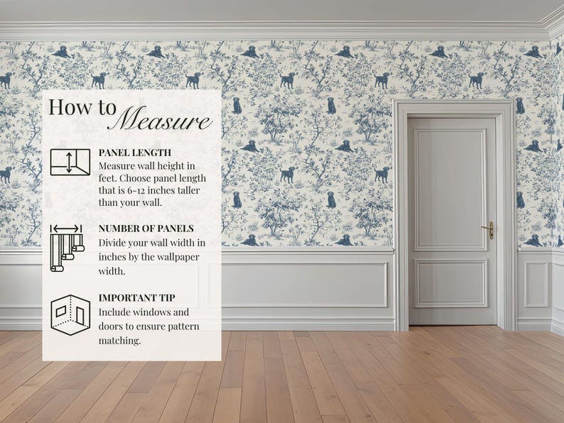 May include: A room with wallpaper featuring a blue and white dog and tree pattern. The image includes a door, molding, and text that reads "How to Measure" with instructions on measuring wall height and panel width.
